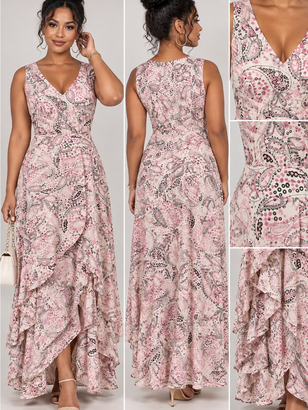 Jessica London Pink Paisley Layered Tulip Maxi Dress